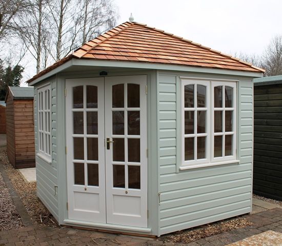 Cambridgeshire Corner 99 Summerhouse 8ft 8in x 8ft 8in (2.6m x 2.6m). Painted finish & cedar roof