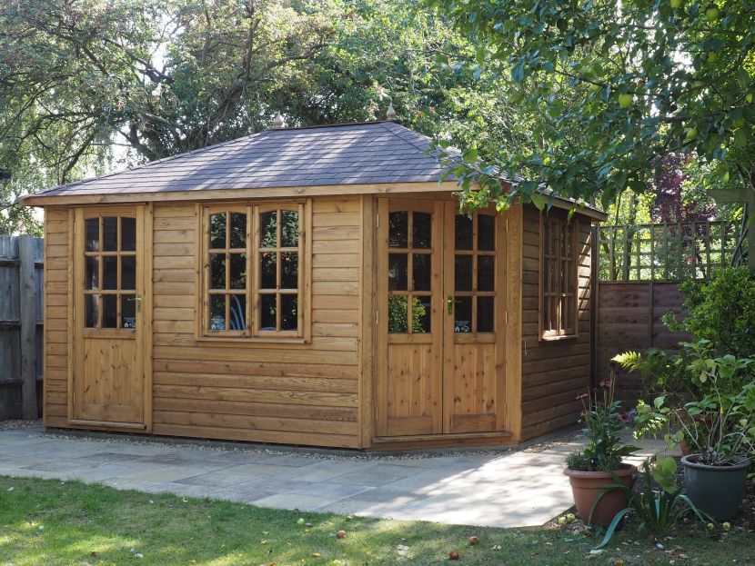 Cambridgeshire Corner 99 Summerhouse. Combined shed & brown felt tile roof