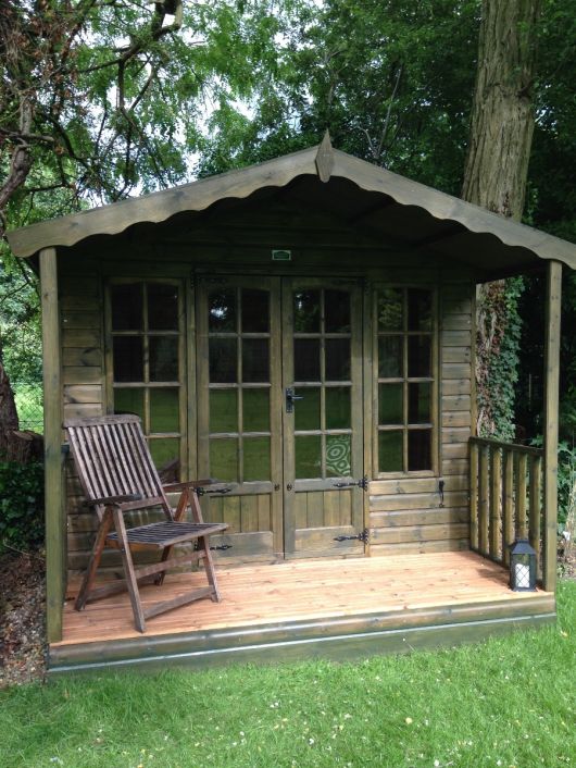 8ft x 6ft (2.4m x 1.8m) with 3ft (0.9m) veranda & timber slatted veranda floor in Sadolin finish